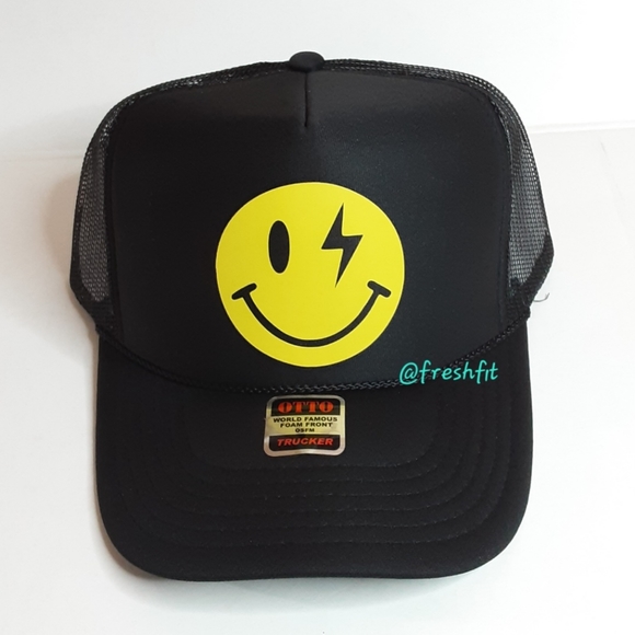 🆕Smiley Face Lightning Bolt Eye Foam Trucker Hat Mesh Snapback Cap Black - Picture 3 of 4